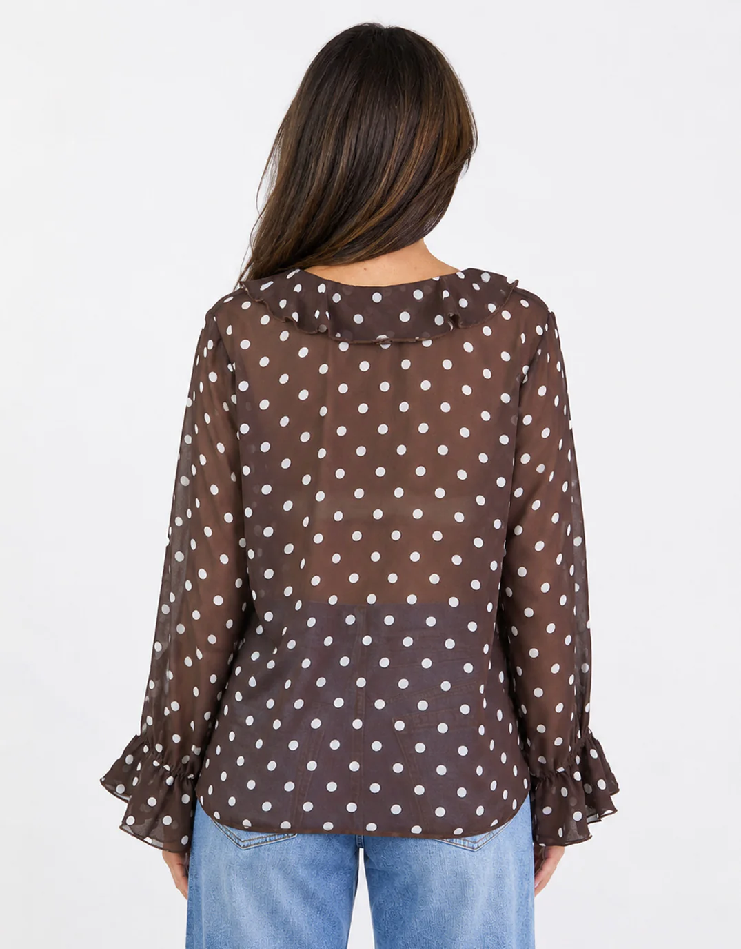 Bohemian Polka Dot Sheer Frill Front Blouse - Chocolate - Image 5