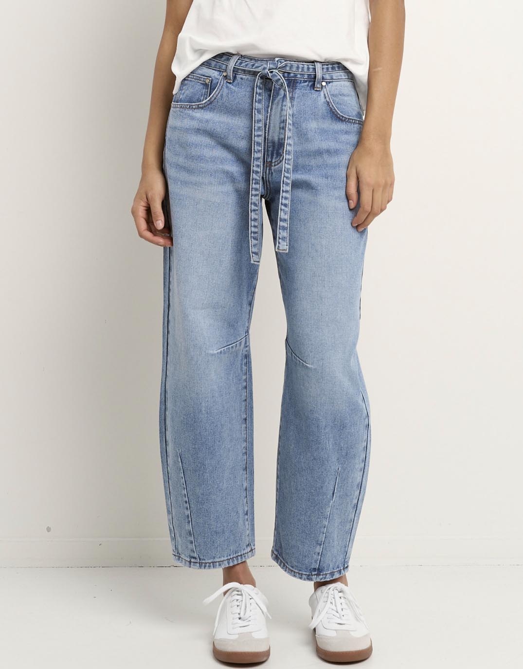 Campus Tie Waist Barrel Jeans - Light Blue