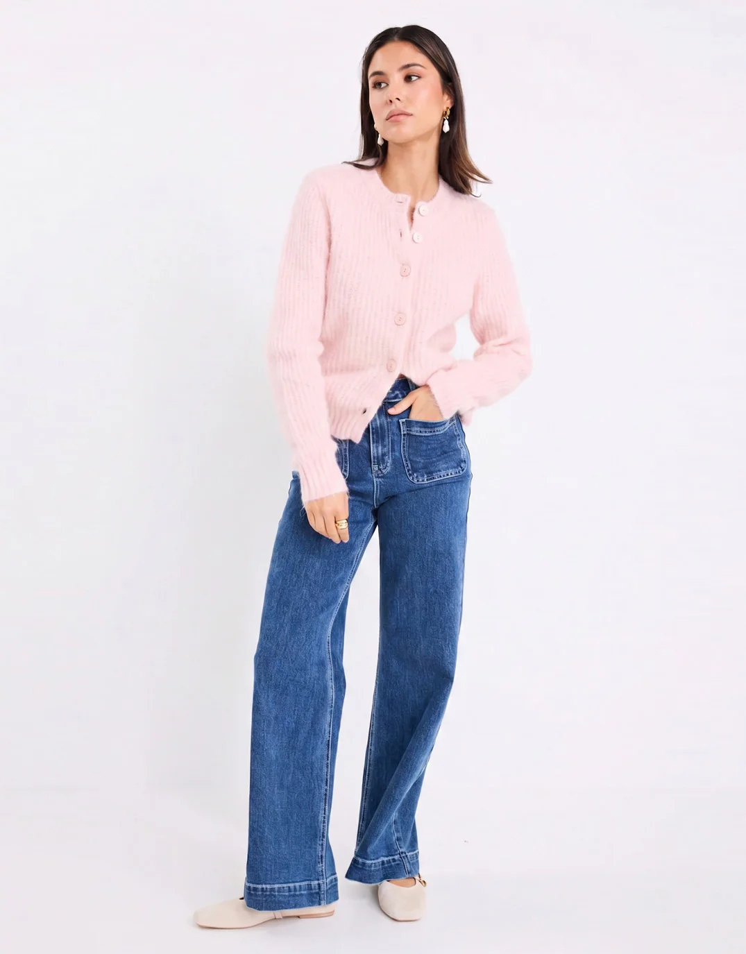 Highlight Mohair Blend Crewneck Cardigan - Pink - Image 3