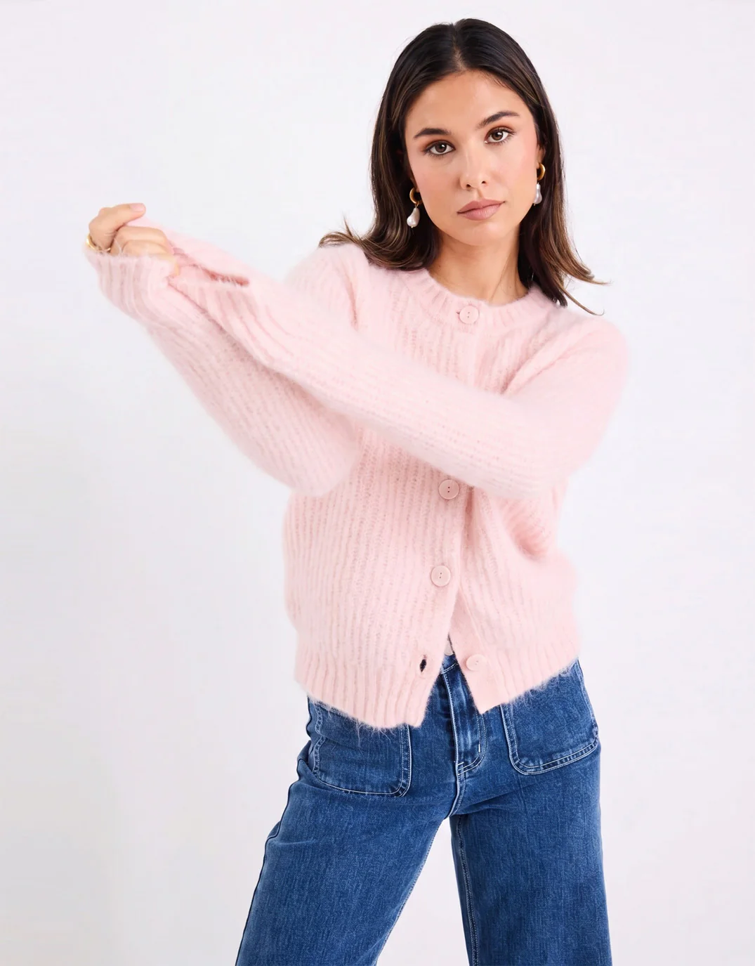 Highlight Mohair Blend Crewneck Cardigan - Pink - Image 4