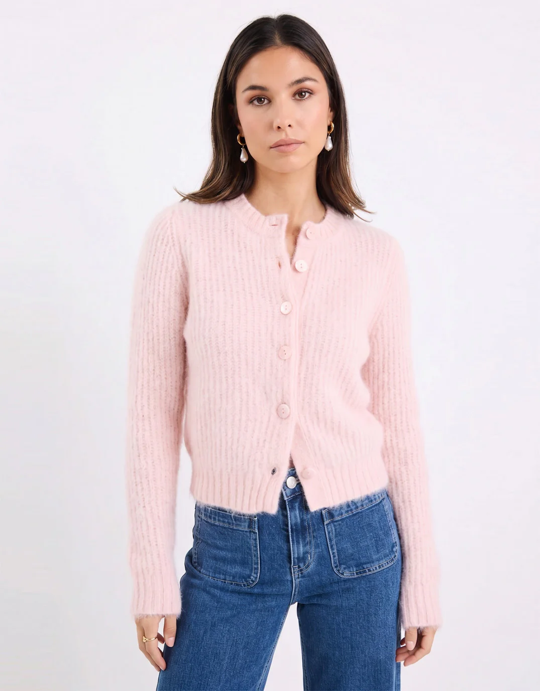 Highlight Mohair Blend Crewneck Cardigan - Pink - Image 5