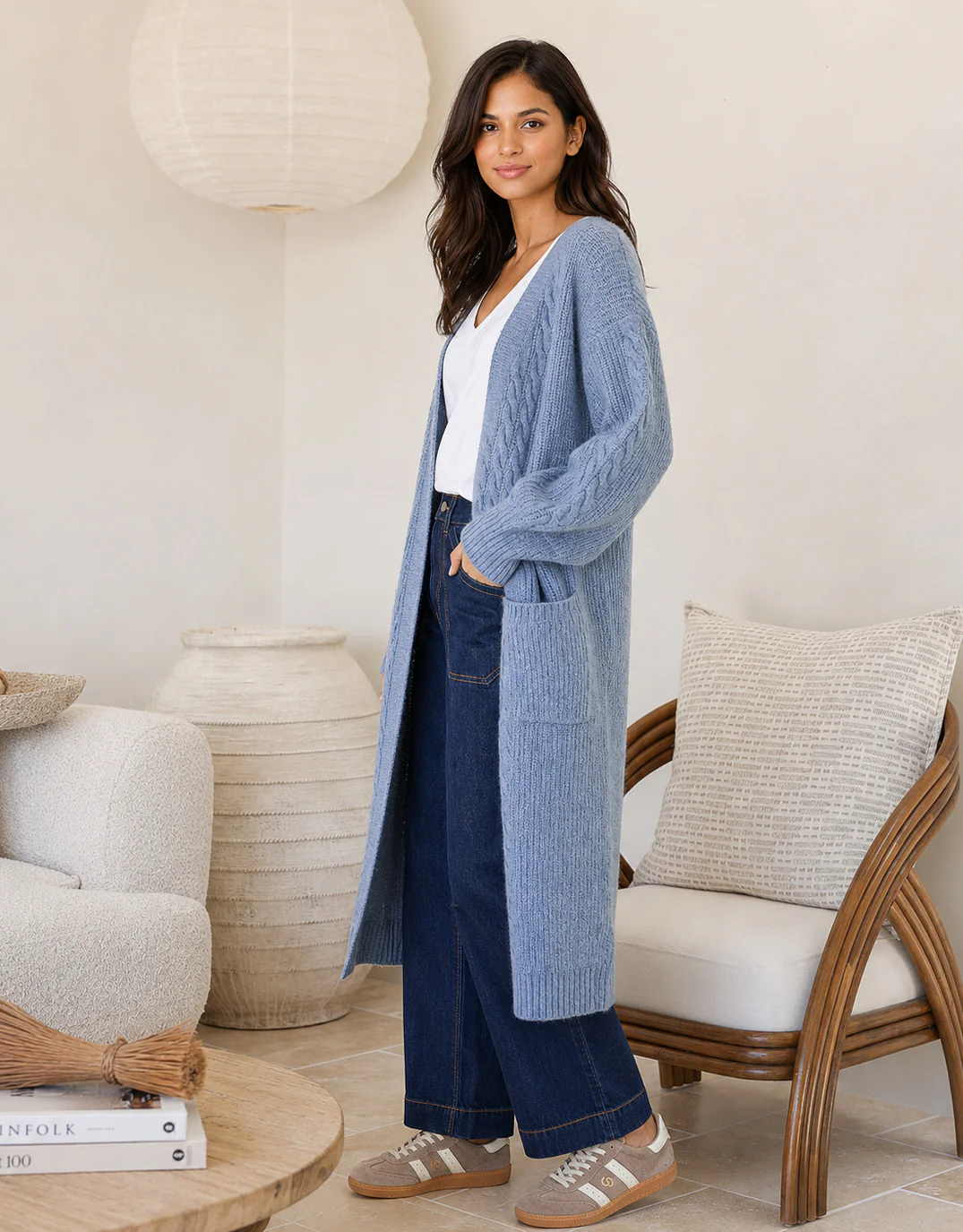 Longline Cable Cardi - Blue - Image 3