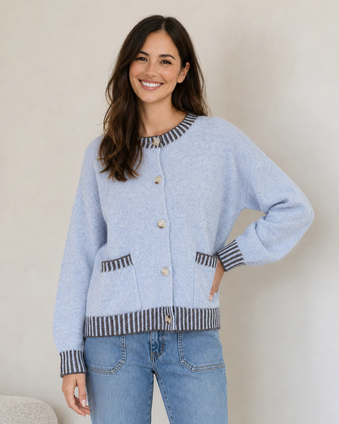 Macie Wool Blend Cardi - Blue/Choc - Image 2