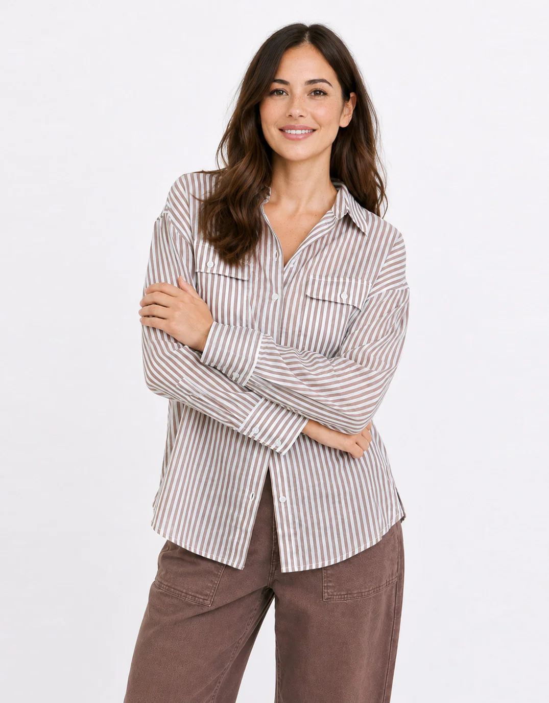 Preppy Pocket Front Shirt - Chocolate Stripe - Image 2