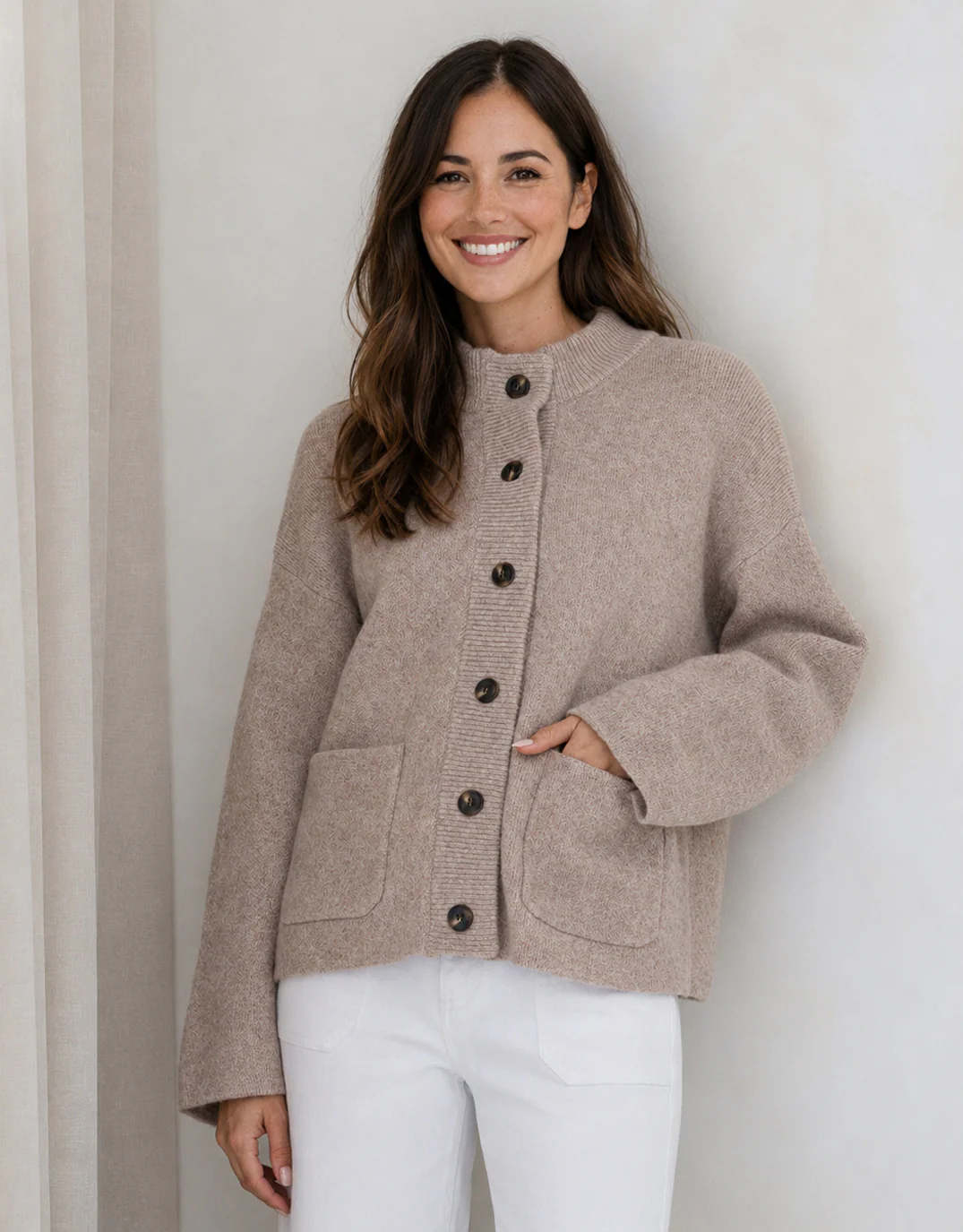 Romy Wool Blend Funnel Neck Cardigan - Warm Beige - Image 2