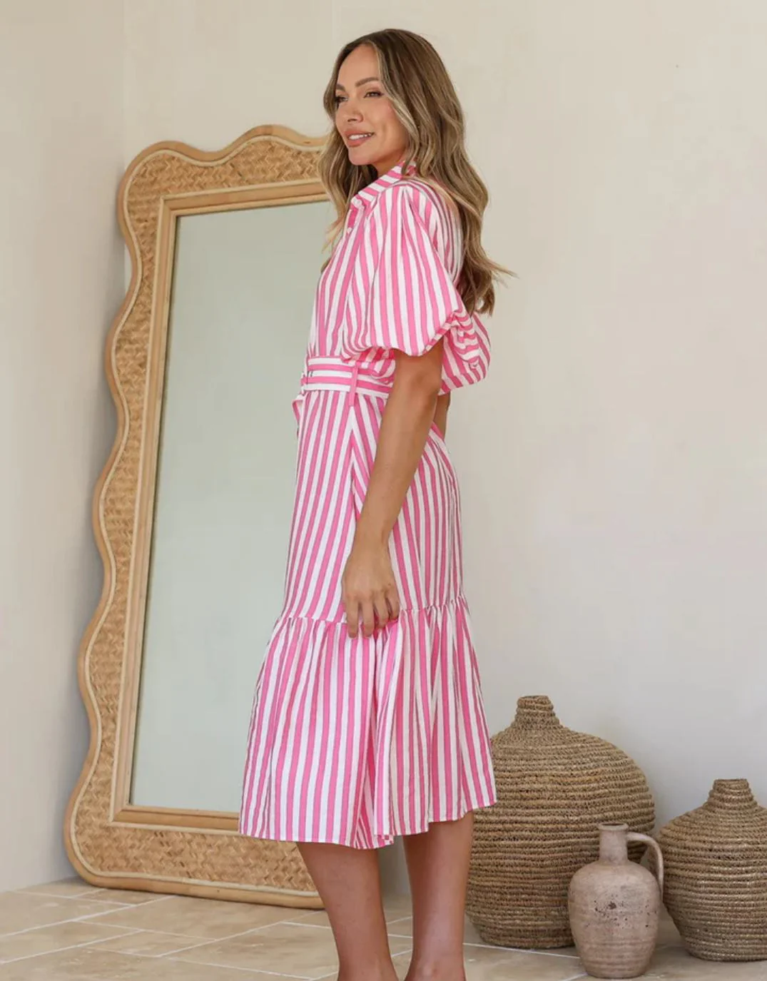 Sabine Stripe Belted Dress - Pink/White - Image 4